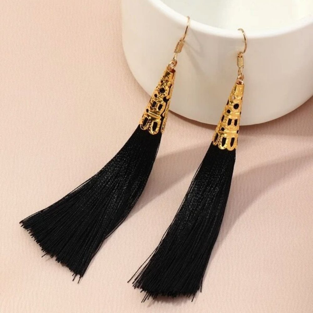 NEW Black Gold Tassel Fringe Drop Earrings Boho